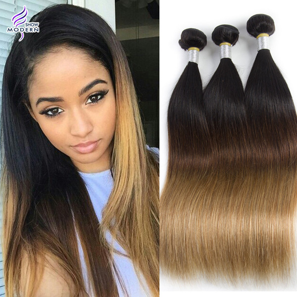 Brazilian Ombre Human Hair Bundle 10-28 Inch Remy Human Hair Weave Straight Brazilian Straight Virgin Hair 3 Bundles 1B/4/27 Color