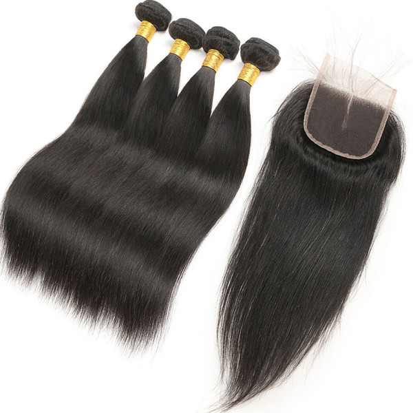 Indian Straight Human Hair Bundles With Closure 4 Bundles Deal With Closure 5 Pcs/Lot Hair Bundles 