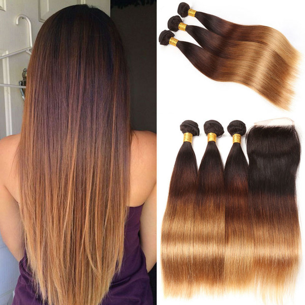 Ombre Peruvian Hair 3 Bundles With Closure #1b/4/30 4*4 Remy Straight Ombre Human Hair Bundles with Lace Closure 8