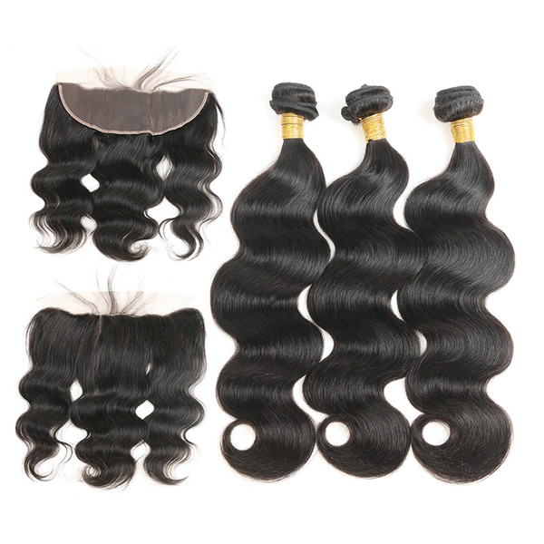 Unprocessed Virgin Mongolian Hair Body Wave 3 Bundles with Frontal Closure 100% Human Hair Extensions Natural Color 