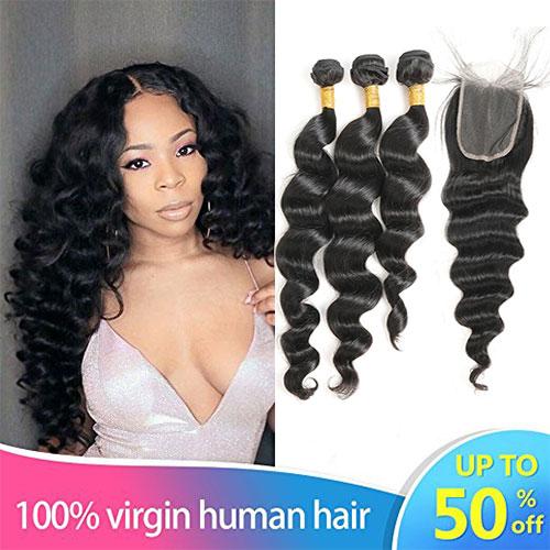 8a Loose Wave Brazilian Virgin Hair 3 Bundles with 4x4 Closure 100% Unprocessed Human Hair Weave 