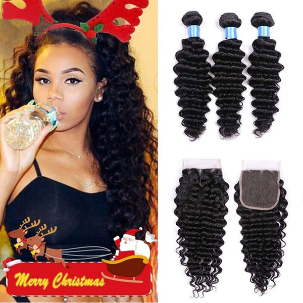 Brazilian Deep Wave Bundles With Closure Human Hair 3 Bundles With Closure Deep Curly Brazilian Hair Weave Bundles