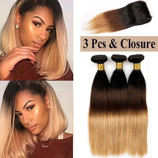 Ombre Straight Virgin Hair 3 Bundles With 4x4 Closure Indian Straight Human Hair Extensions 3 Tone Ombre Indian Hair Weaves 8