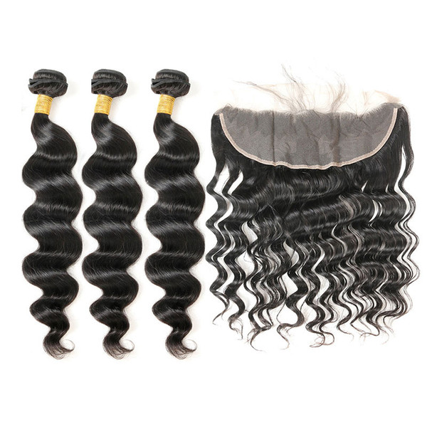 Virgin Loose Wave Hair Mongolian 3 Bundle Deals With Free Part Frontal Natural Black 100% Unprocessed Human Hair 95-100g/pc 