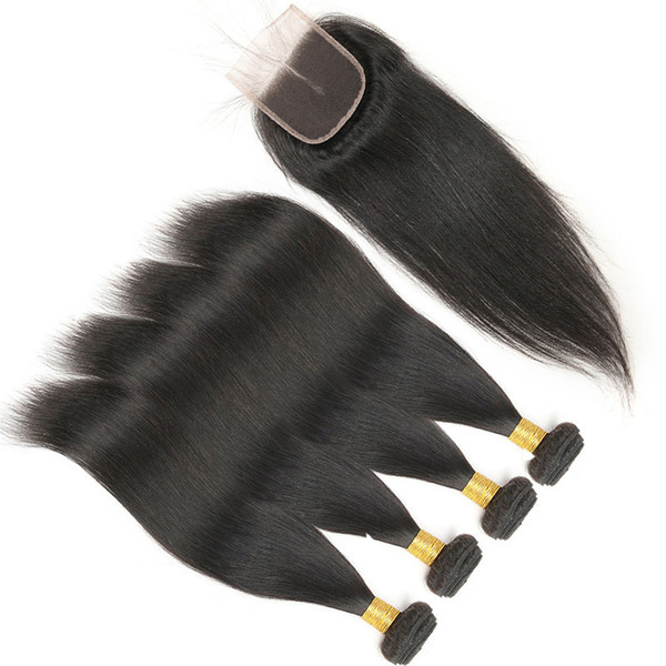 Malaysian Human Hair Bundles 4 Pieces With Closure 8A Unprocessed Straight Human Hair Bundles Weave Natural Color 