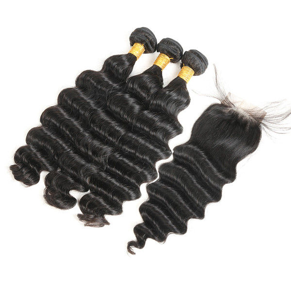 Hair Bundles with Closure Loose Deep Wave with Closure Brazilian Virgin Hair Full and Thick Lace Closure Natural Color 