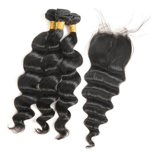 Indian Loose Wave 3 Bundles With Closure 100% Unprocessed Indian Remy Virgin Human Hair Bundles Weave Natural Color 