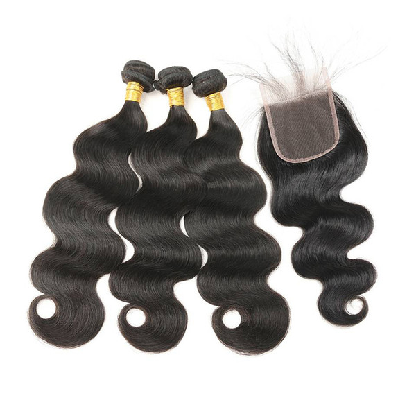 Brazilian Virgin Hair Body Wave Human Hair 3 Bundles with 4*4 Lace Closure 100% Unprocessed Hair Extensions Natural Color 