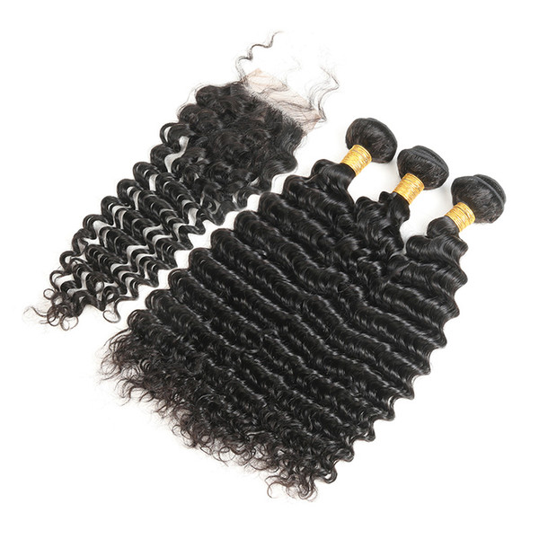 Indian Deep Wave Curly Hair 3 Bundles with Closure 4x4 Human Hair Extensions Black Color 