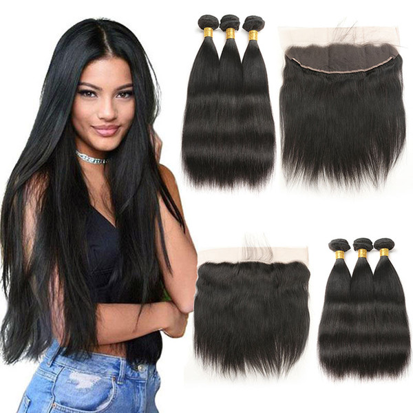 Brazilian Virgin Hair 3 Bundles With (13 x 4) Lace Frontal Straight Weft 100% Real Human Hair Extensions Natural Color 