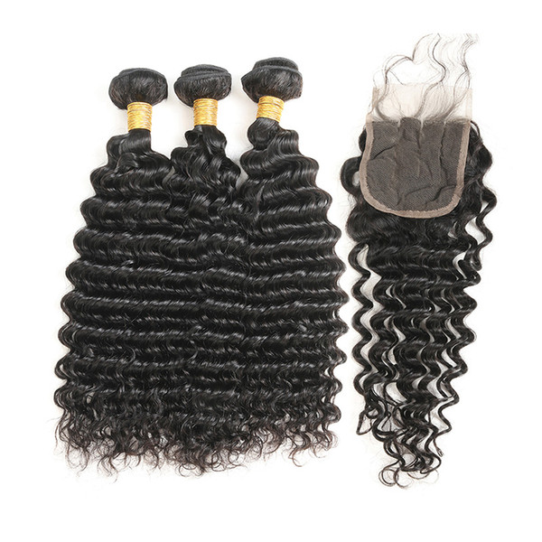 Malaysian Deep Wave With Closure 3 Bundles Human Hair Extensions With 4