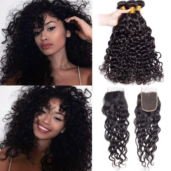 Brazilian Water Wave 3 Bundles with Lace Closure Front 4x4 Sew in Weave Brazilian Hair Weave 9a Grade Natural Color 16 18 20