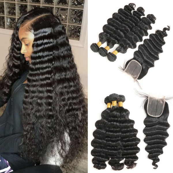 Human Hair 3 Bundles with Closure Loose Deep Wave with Closure Brazilian Virgin Hair Full and Thick Lace Closure Natural Color 