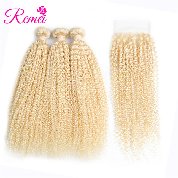 Rcmei Brazilian Human Hair 613#Blonde 3 Bundles Kinky Curly Human Hair Extension With 4*4 Lace Closure Kinky Curly Unprocessed Hair Bundles