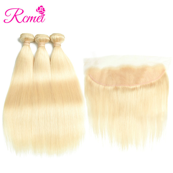 Rcmei Brazilian Straight Blonde Bundles With Lace Frontal 4PCS Deal 3 Bundles 613 Extensions With Lace Frontal