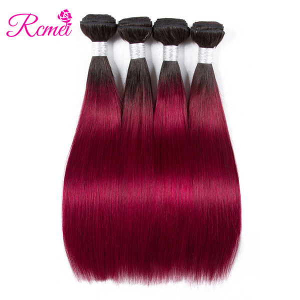 Rcmei Burgundy Colored Hair Brazilian Straight Hair Weaving Ombre 1b/Burgundy 2 Tone Color 4 Bundle 10-26Inch 