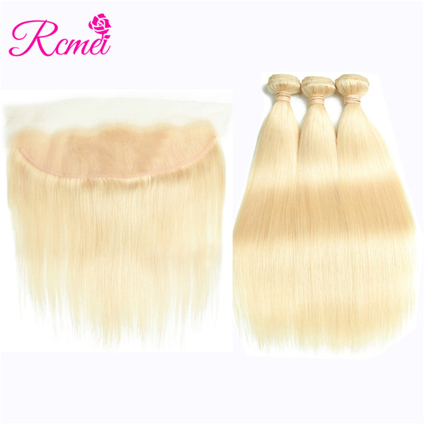 Rcmei Brazilian Straight Blonde Bundles With Lace Frontal 4PCS Deal 3 Bundles Peruvian/Mongolian/Malaysian/Indian 613 Extensions With 13*4 L