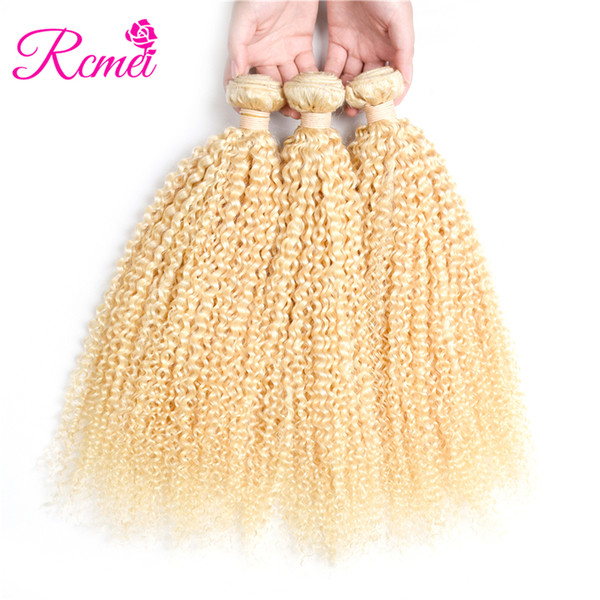 Rcmei Hair Brazilian Kinky Curly Human Hair 3 Bundles Unprocessed Human Hair Extension 613# Brazilian Blonde Human Weave 10-30 Inch