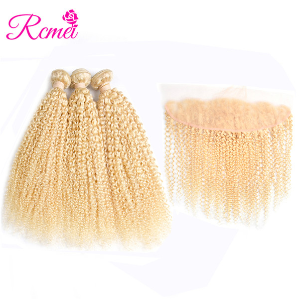 Rcmei Kinky Curly Hair 613 Blonde Brazilian Human Hair Bundles With Lace Frontal 4 PCS Deal 3 Bundles 10-30 inch Blonde Hair Weaving