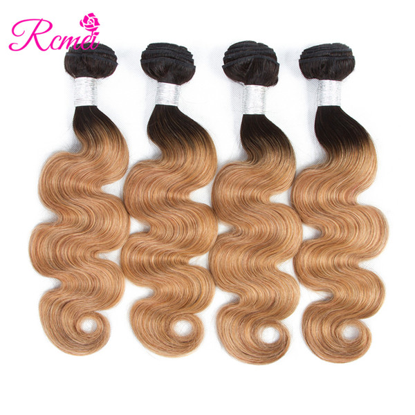 Rcmei Pre-colored Human Hair Weaving 4 Bundles Ombre Brazilian Hair Weave 1B/27 Ombre Deep Wave Remy Human Hair Extension 10-26 Inch