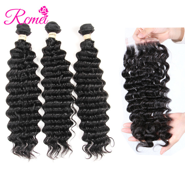 Brazilian Virgin Hair 3 Bundles With 4*4 Lace Closure 8A Unprocessed Deep Wave Hair Bundles And Top Lace Closures Free Part Rcmei Hair