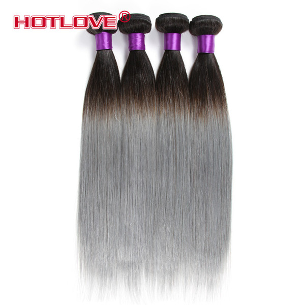 HOTLOVE Top Quality 3 Bundles Grey Brazilian Ombre Hair Extensions Two Tone Color 1b Grey Ombre Straight Brazilian Remy Human Hair Bundle