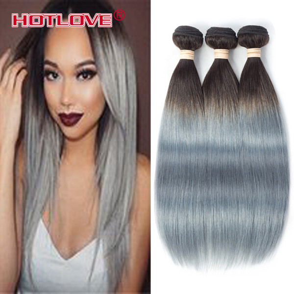 HOTLOVE Two Tone 1B/Grey Ombre Brazilian Remy Human Hair Extensions Straight Hair 3 Bundles 4 Bundles /Lot Gray Color 12-24 inch