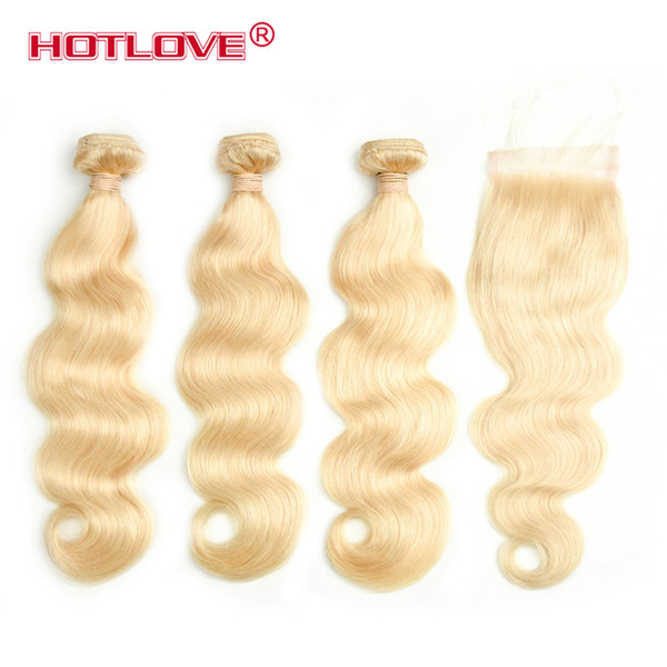 Hotlove Brazilian Human Hair Body Wave 613 Blonde Hair 3 Bundles With 4*4 Lace Closure With Baby Hair Free Part Lace Closure