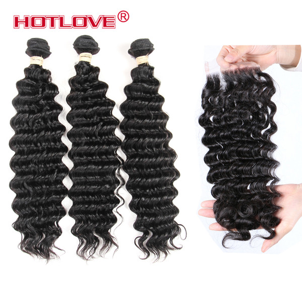 Hotlove Hair Deep Wave Human Hair With Closure 3 Bundles Remy Human Hair 8-28 Inch With 4*4 Free Part Lace Closure