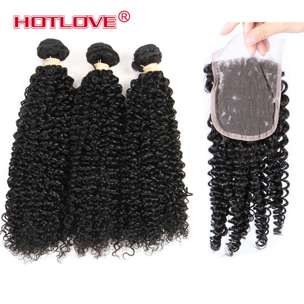 Hotlove Hair Brazilian Kinky Curly Remy Hair Human Hair Weave 3 Bundles With Free Part 4*4 Lace Closure 