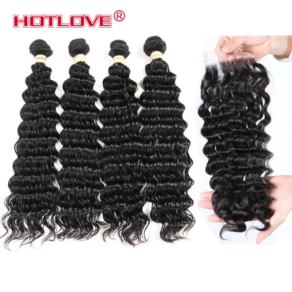 Brazilian Human Hair Weave 4 Bundles With Lace Closure 8-28 Inch Remy Deep Wave Human Hair 5 PCS /Lot Hotlove Hair