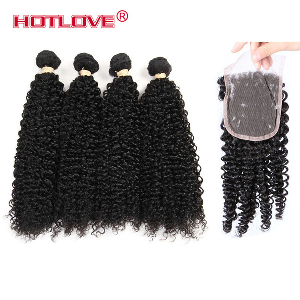 Remy Human Hair 4 Bundles With 4 *4 Lace Closure 8-28 Inch Brazilian Kinly Curly Human Hair Hotlove Hair