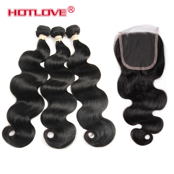 Hotlove Love Good quality Brazilian Body Wave Human Hair 3 Bundles Deal With 4*4 Lace Closure Remy Hair Natural Color 8-28 Inch