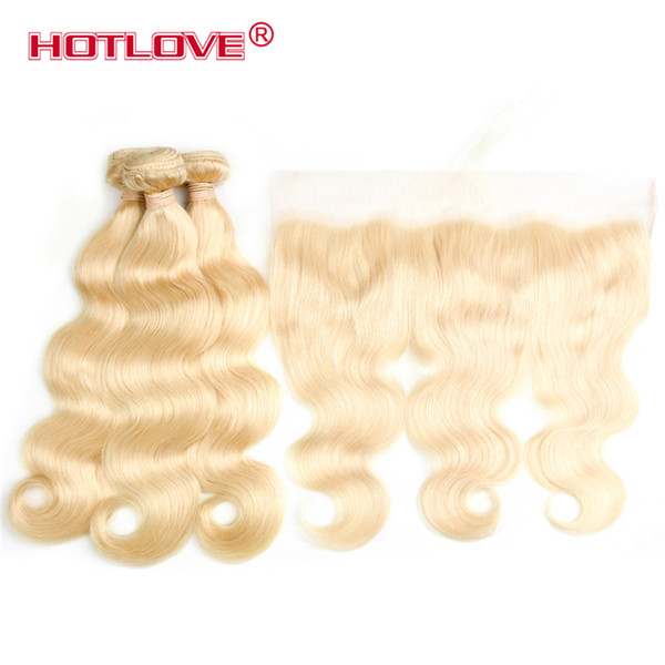 Hotlove Brazilian 613 Blonde Human Hair Body Wave 3 Bundles With 13*4 Lace Frontal With Baby Hair Free Part Lace Closure