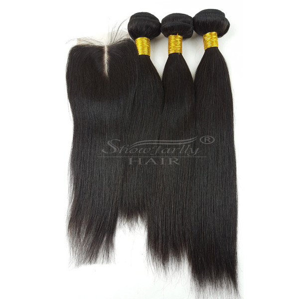 Straight Hair Bundles with Closure 100% Virgin Human Hair Bundles Straight Unprocessed Brazilian Remy Hair Extensions with Lace Closure