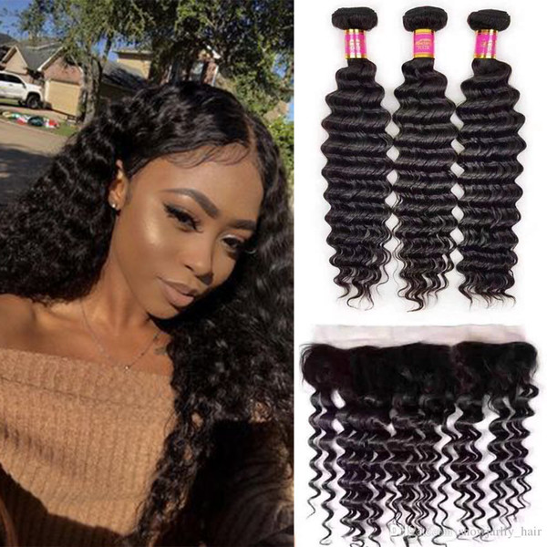 Hair Bundles with Lace Front Closure Deep Wave Bundles Human Pineapple Weave Natural Black Hair Weaves with 13x4 Lace Frontal for Africans