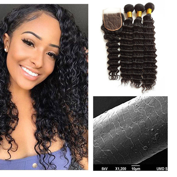 Hair Weaving Weft with Lace Closure Brazilian Deep Wave Curly no Tangle no Shedding Virgin Human Bundles of Hair Factory Direct extensions