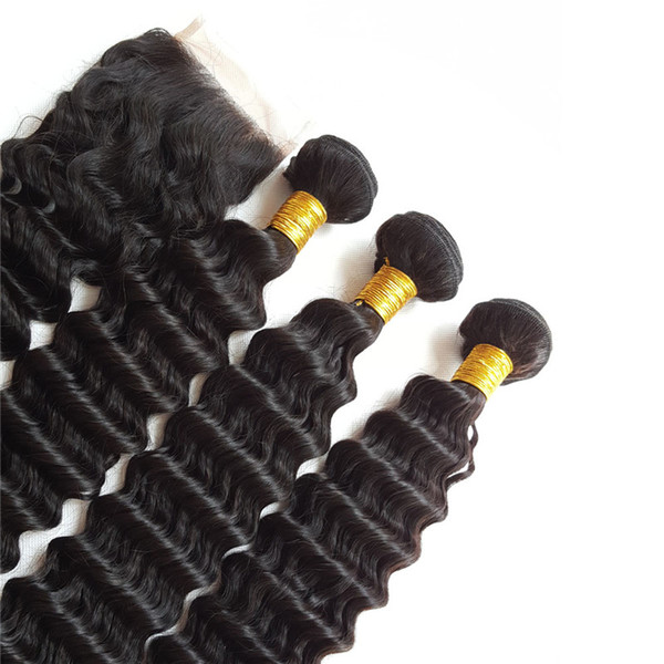 African American Women Unprocessed Wholesale Virgin Brazilian Hair Cuticle Aligned Raw Hair Bundles Deep Wave with 4x4 Closure