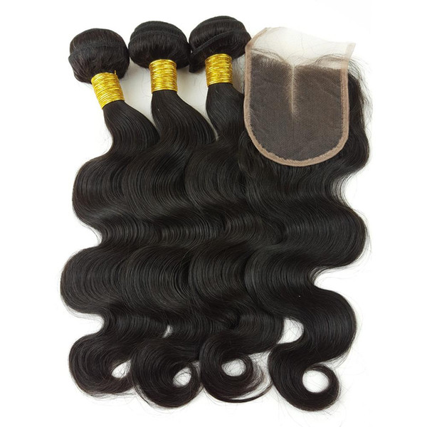 Body Wave Indian Hair Weave Human Hair Wefts with 4x4 Lace Closure #1b 10a Wholesale No Chemical Treated Virgin Human Hair Remy Weave