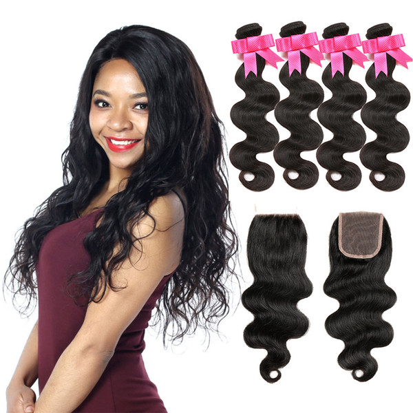 Brazilian Virgin Hair Bundles With Closure Body Wave Human Hair Wefts With Closure 4 Bundles With Lace Closure Natural Color Dyeable