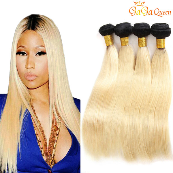 Brazilian Straight Hair Bundles 1B/613 Black Root Blonde Ombre Human Hair Extension gaga queen Hair