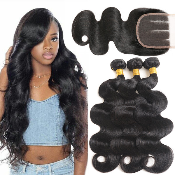 10A Brazilian Virgin Hair Body Wave 3 Bundles With Three Part Lace Closure Natural Black Human Hair Extensions Brazilian Body Wave Bundles