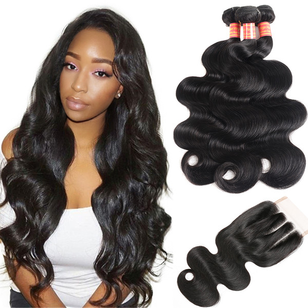 10A Virgin Brazilian Body Wave Hair Weave 3 Bundles With Three Part Lace Closure 100% Unprocessed Natural Black Human Hair Extensions