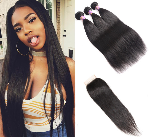 MSH 10A Brazilian Virgin Straight Hair 3 Bundles With Free Part Lace Closure Natural Black Human Hair Extensions Brazilian Straight Bundles