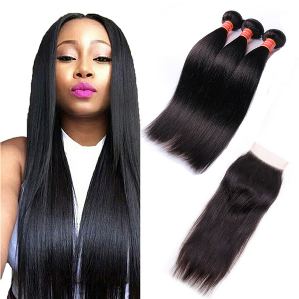 8A Brazilian Virgin Hair Straight 3 Bundles With Closure Natural Black Human Hair Extensions Brazilian Straight Free Part Lace Closure