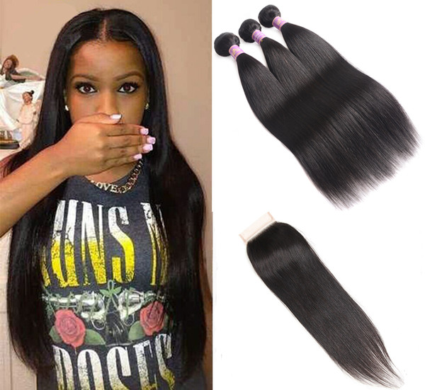 Peruvian Virgin Hair Straight 3 Bundles With Free Part Lace Closure Natural Black Human Hair Extensions Peruvian Straight Bundles