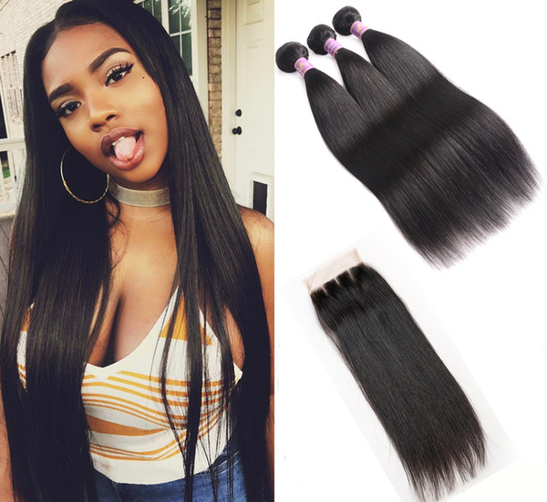 Brazilian Virgin Straight Hair 3 Bundles With Three Part Lace Closure Natural Black Human Hair Extensions Brazilian Straight Hair Bundles