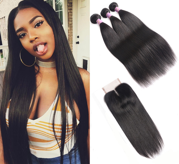 Brazilian Virgin Hair Straight 3 Bundles With Middle Part Lace Closure Natural Black Human Hair Extensions Brazilian Straight Bundles