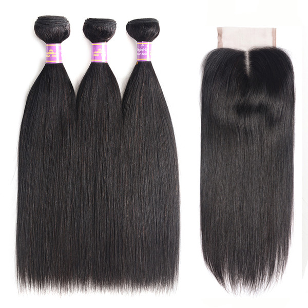 Malaysian Virgin Hair Straight 3 Bundles With Middle Part Lace Closure Natural Black Human Hair Extensions Malaysian Straight Bundles