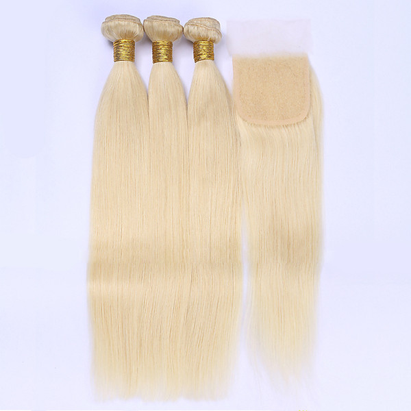 AliMagic 613 Blonde Human Hair Straight Brazilian Hair Weave Bundles with Closure blond,Remy Hair Deals 3 Bundles and Closure